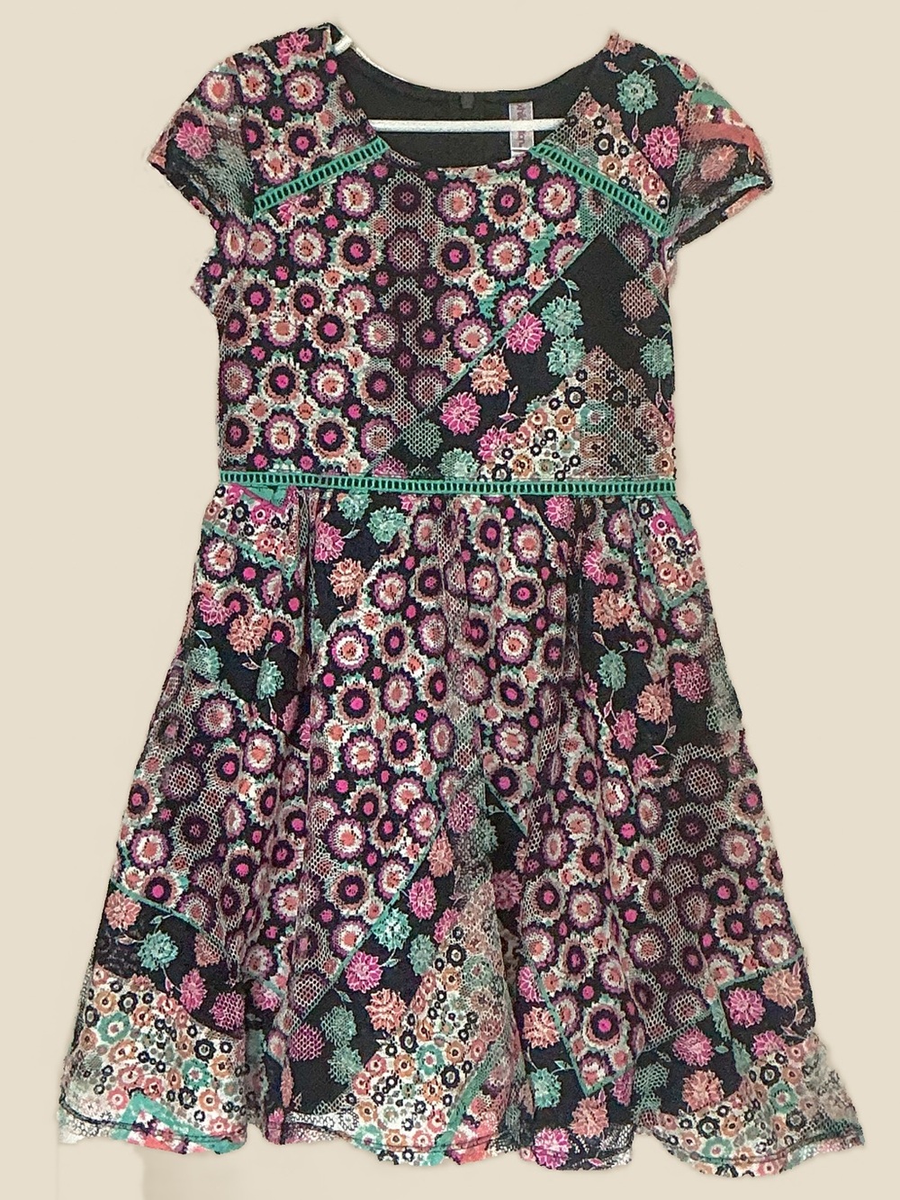 #124- Xhilaration Girls Floral Patchwork Fit & Flare Dress - Black, Pink & Teal
